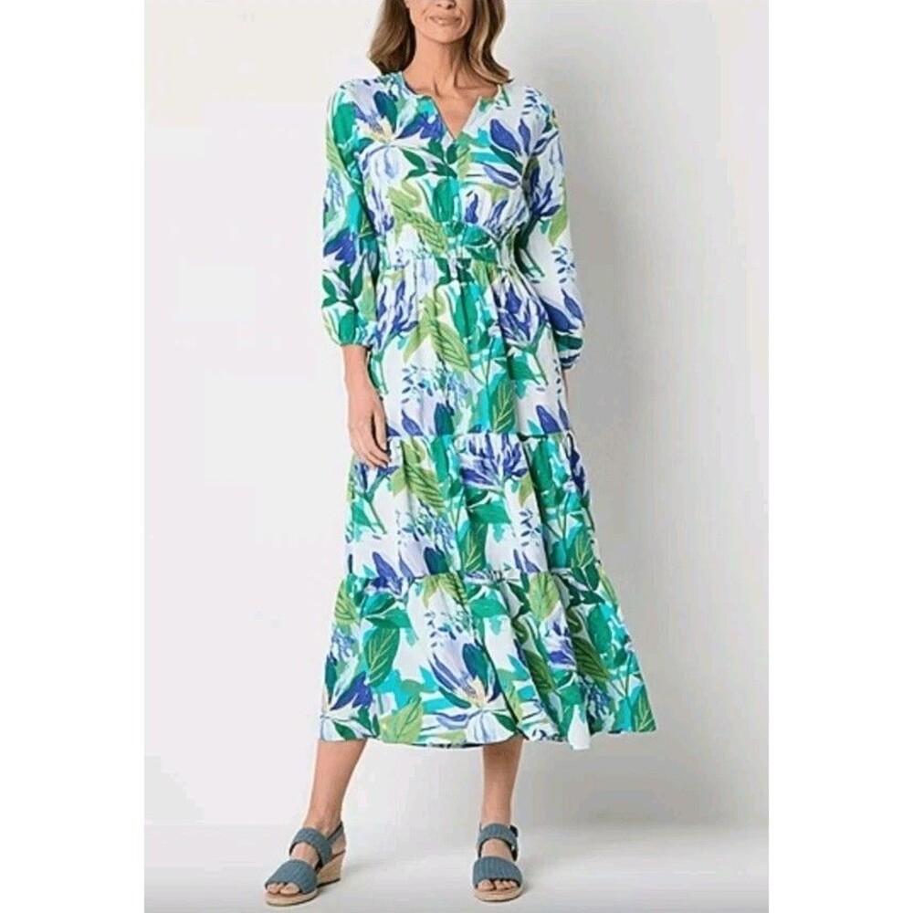 NWT  St John's Bay Blue Green White Multi Floral Tiered Maxi Dress Cottagecore L
